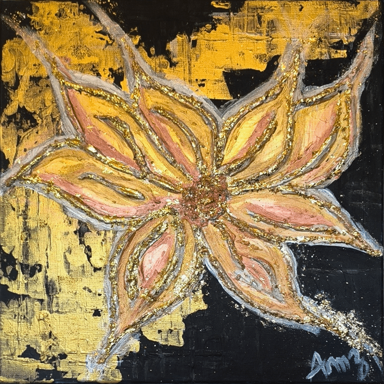 Éclosion, peinture abstraite dorée, argentée et bronze avec feuille métallique or sur fond partiellement noir