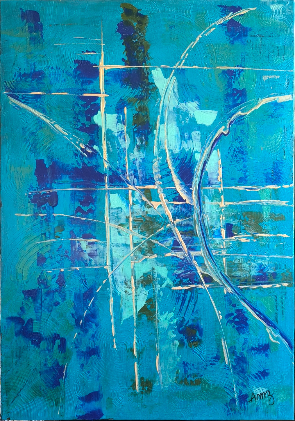 Impulsion: tableau abstrait bleu et turquoise au couteau