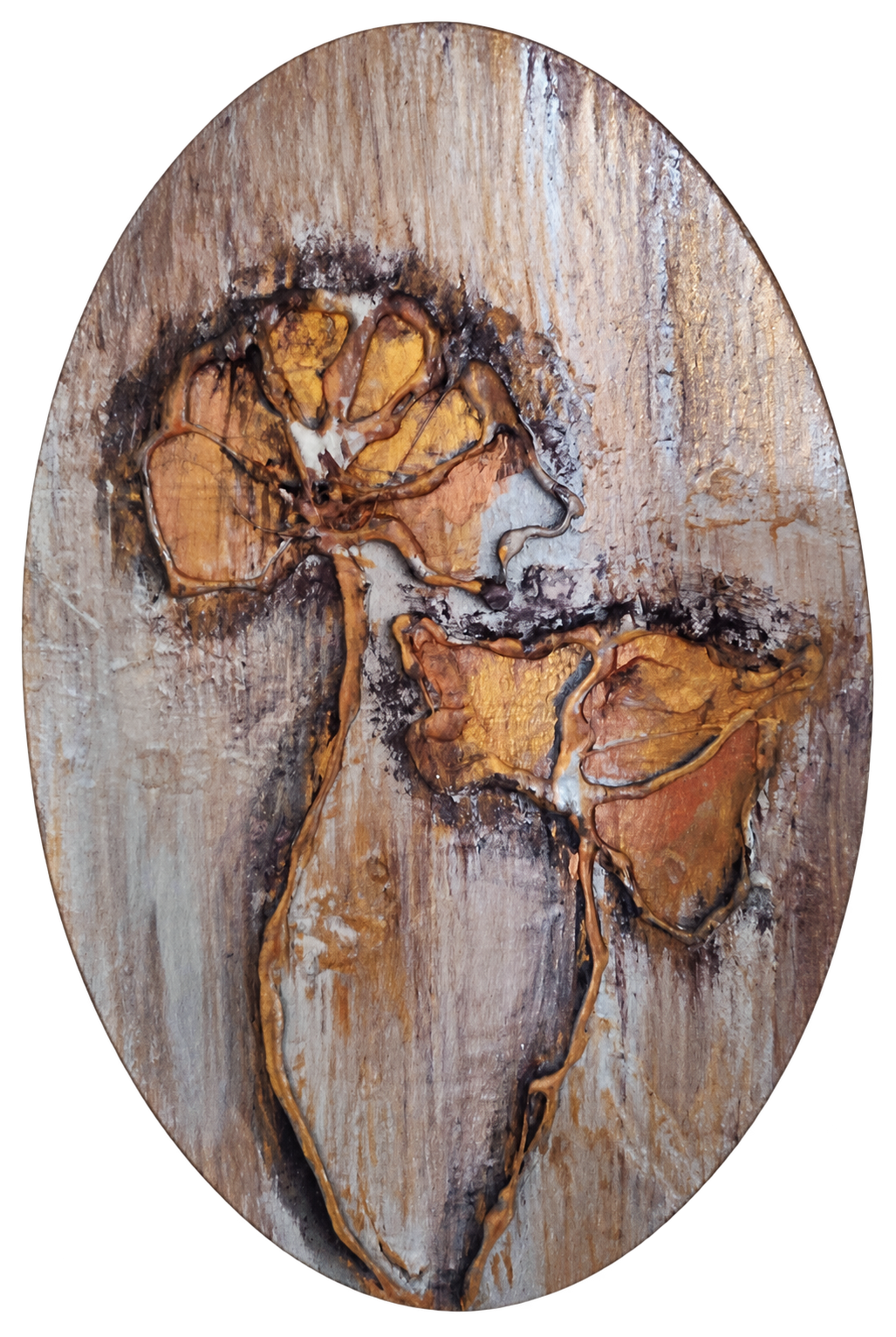 Complicité, peinture abstraite ovale en acrylique métallisée argentée, dorée et noire sur toile de coton, 18 × 28 cm